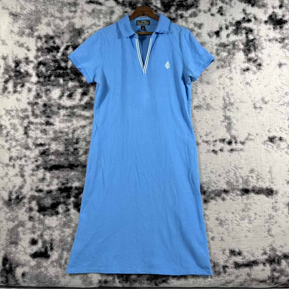 LRL Active Polo Shirt Dress Womens Size Large Blue V-neck Crest Preppy Academia